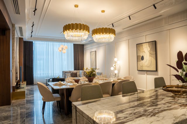 two Chandeliers over 6 person dining table